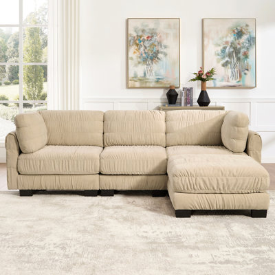 Canapé modulaire 3 pièces en chenille à détails ruché, repose-pieds mobile, mousse à haute densité, coussins de dossier en forme de L, assemblage facile, pour le salon, la chambre à coucher
