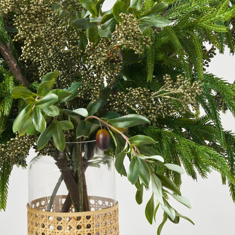 Real Touch Norfolk Pine, Olive Branch & Gold Shimmer Seed Berry in Rattan Wrap Vase Large Holiday Centerpiece Water Illusion Arrangement