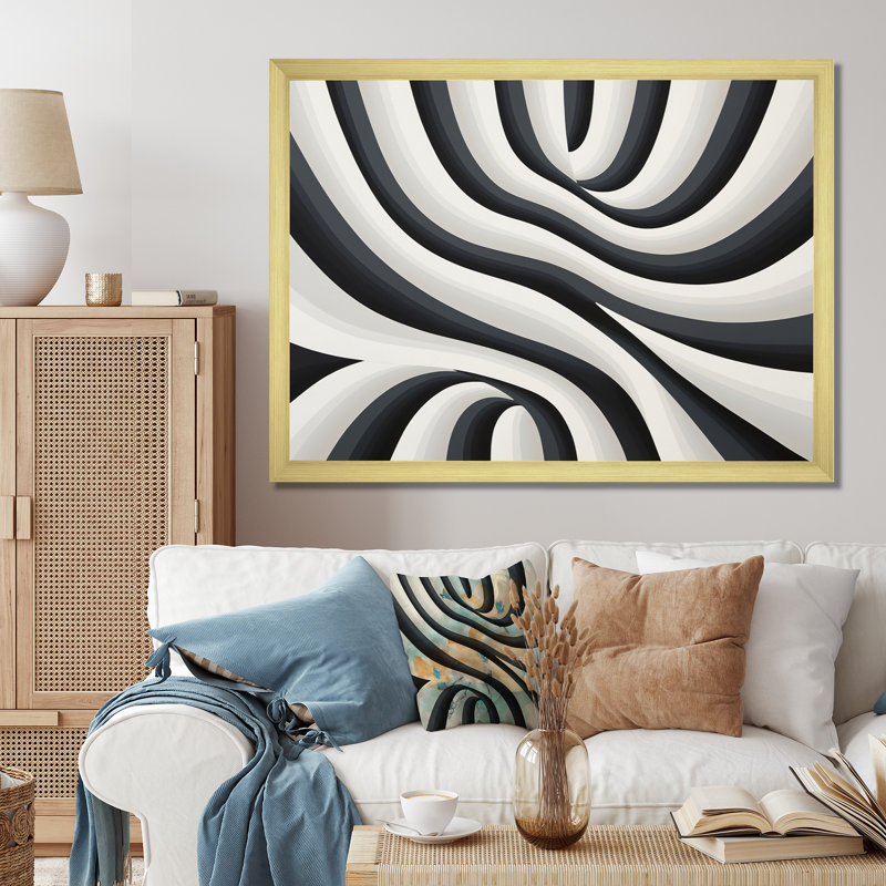 Rêve optique noir et blanc sur toile, H 12 po x l 20 po x P 1 po, Encadrement doré