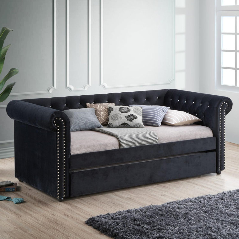 Loe Twin Daybed with Pull-Out Trundle, Chesterfield Black Velvet Upholstery, Black, Twin