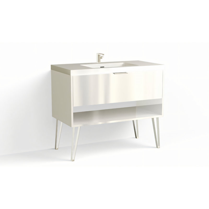 Modo 42" W Freestanding Single Bathroom Vanity with Dawson Leg, Matte Black, Glossy White/Single, White Acrylic