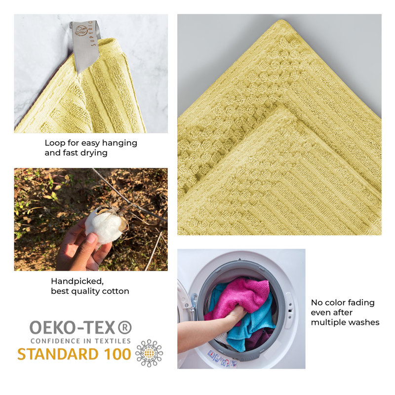 Kleiman Cotton Highly Absorbent Solid and Checkered Border Hand Towel Set, Yellow Gold
