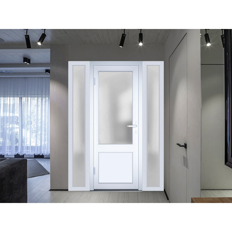 Porte d'entrée extérieure prémontée en PVC-U, verre dépoli, Manux 8422 Blanc Soie, 2 fenêtres latérales, portes pour bureaux, commerces et habitations, entrée, patio, garage - L 16+36+16 x H 80 - Ouverture à droite vers l'intérieur