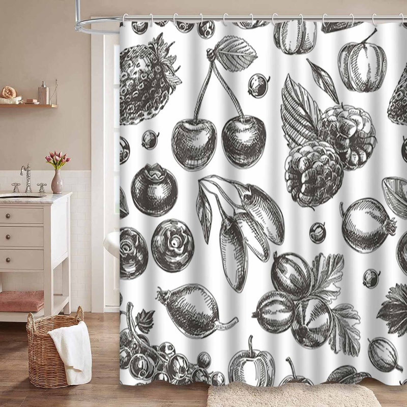 Rideau de douche imperméable à motif de cerises et baies rétro avec 12 crochets, L 72 po x l 78 po