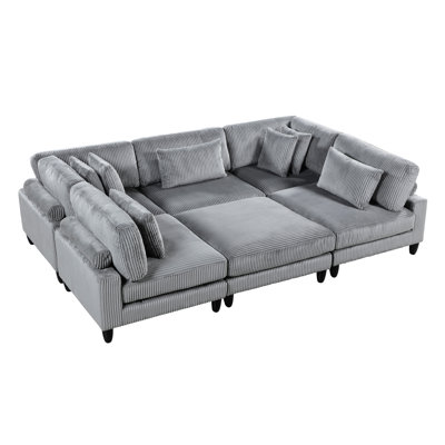 Modern 6pc Gray Corduroy Sectional Living Room, 3 Armless Chairs, 2 Corner Seats, 1 , Pocket Coils, Removable Cushion Covers, 7 Pillows Modular Uphols