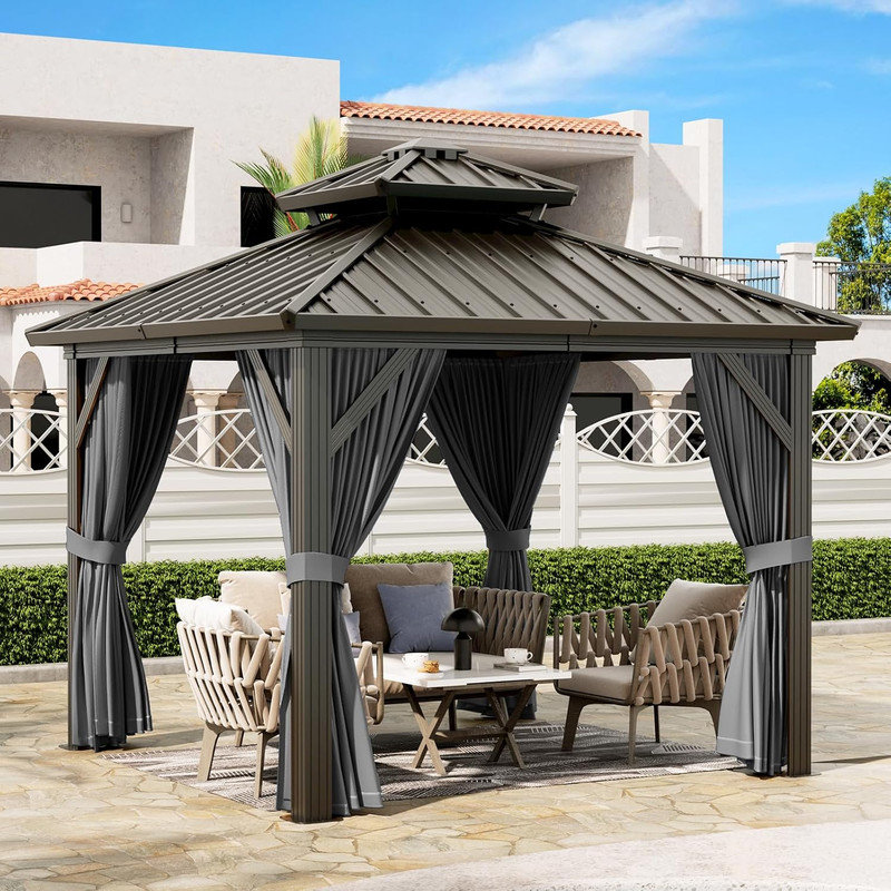 Pavillon de jardin permanent en aluminium 10 pi x 10 pi à toit rigide avec rideaux et filet pour jardin