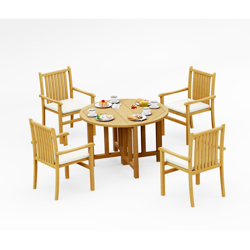 Ensemble de salle à manger 4 pièces en bois de teck de qualité A: table papillon ronde de 48 po et 3 chaises empilables Angarano # 11CH0903