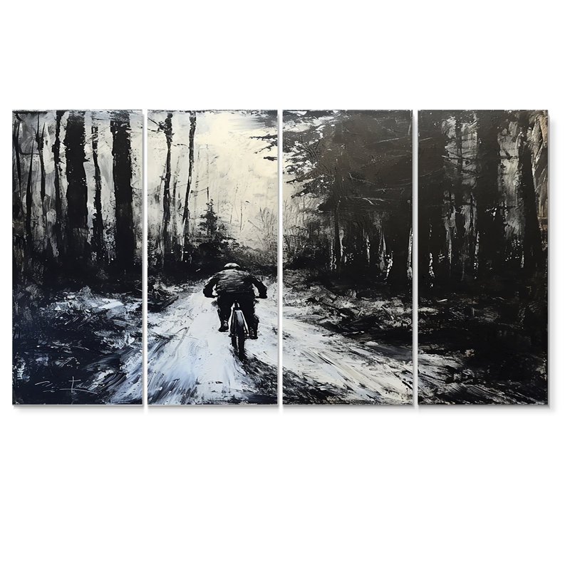«Biking In The Winter Woods», art mural vélo pour le salon, 4 pièces, H 32 po x l 64 po