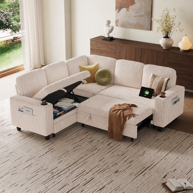 Sherry 81'' Upholstered Modular Sectionals with Pull-out Sofa, Storage Chaise, USB Charging & Cup Holders, Effie Beige