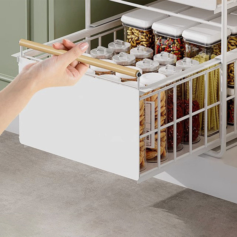 Organisateur d'armoire coulissant à 2 niveaux en acier inoxydable, glissières d'amortissement à fermeture en douceur, panier en métal chromé robuste avec doublure de tablette pour armoires de cuisine Garde-manger sous l'évier