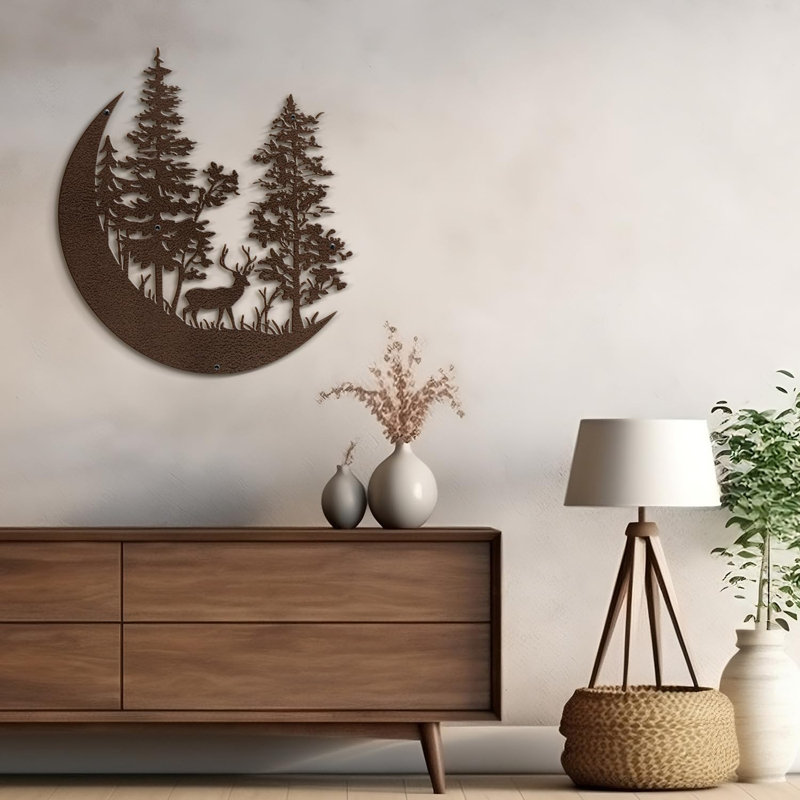 Deer in Pine Trees Forest Minimalist Modern Abstract Wall Sculpture Hangings Metal Wall Décor, Bronze