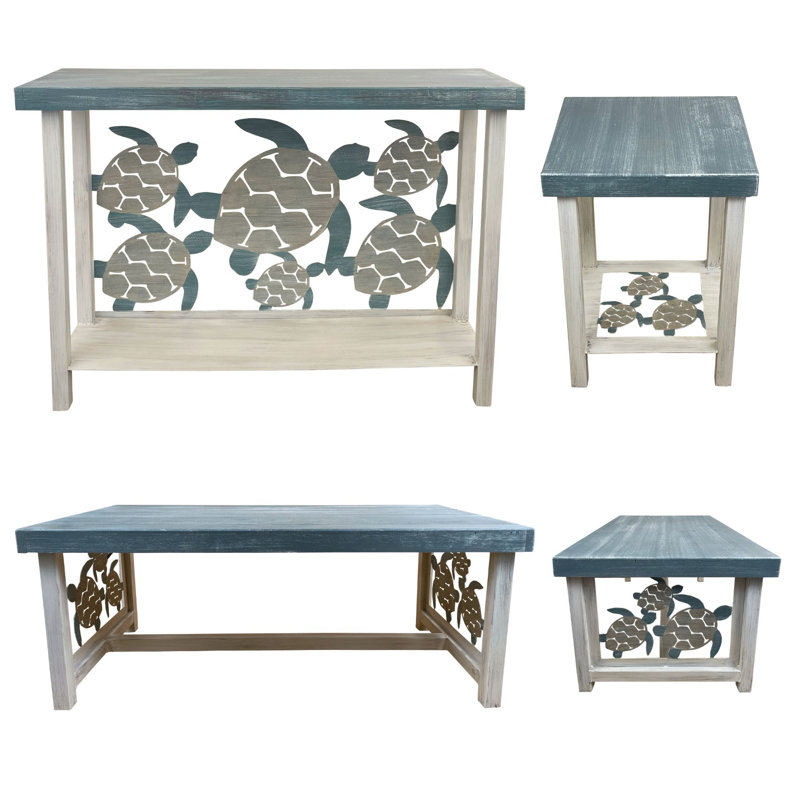 ENSEMBLE DE TABLE TURTLES TIDE.  1 table de canapé rectangulaire, 1 table basse rectangulaire, 2 tables de bout carrées en fer
