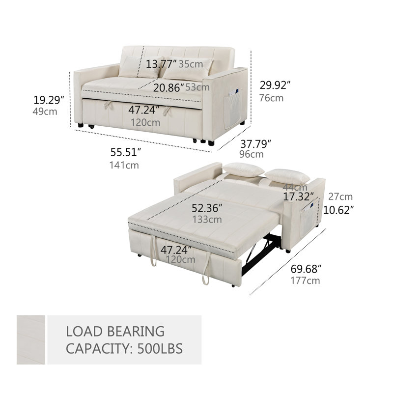 Multi-functional Sofa, 3-in-1 Pull Out Sofa with Adjustable Backrest and Cushions, Modern Sleeping Sofa for Small Spaces and Living Rooms(Beige)