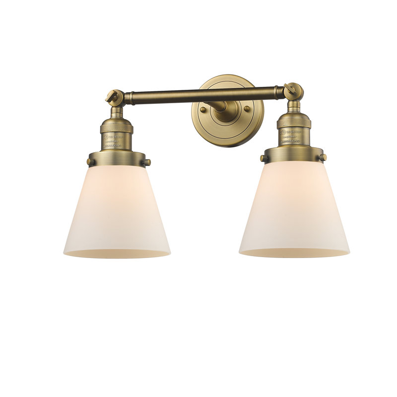 Cone 2 Light Tiltable Bath Vanity Light, Matte White Cased, 6 Watt Vinage LED Bulb, Brushed Brass
