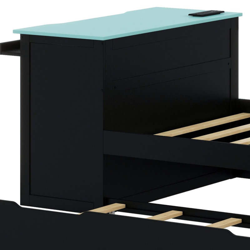 Stylish Wood Daybed with Trundle, Desk, LED Lights and USB Charging System, Black+Blue