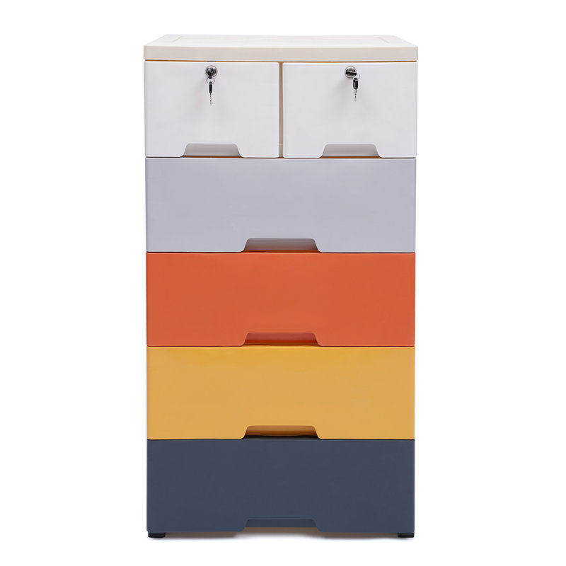 Julane 6 Drawer Plastic Storage Cabinet W/ Lock, Orange/Yellow/Dark Blue