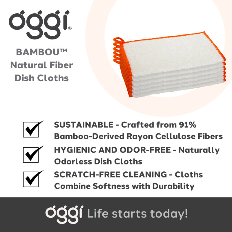 Set of 6 White and Orange Bamboo Kitchen Cloths