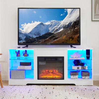 58" TV Stand with Electric Fireplace White Entertainment Center with Power Outlets & Glass Shelves for Living Room