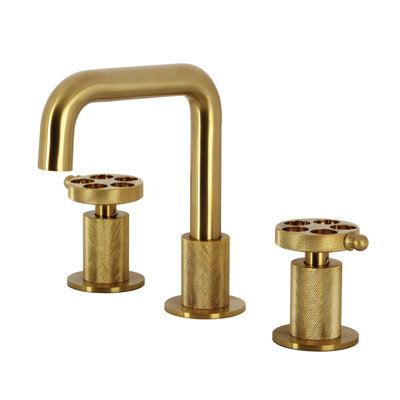 Kingston Brass Wendell Two-Handle 3-Hole Deck Mount Widespread Bathroom Faucet with Knurled Handle and Push Pop-Up Drain