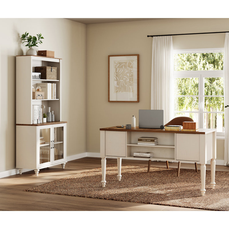 Ensemble de bureau 2 pièces, bureau de direction 56 "et bibliothèque avec portes en verre, Brun / Blanc