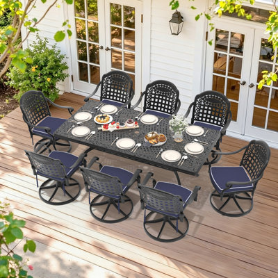 Ensemble de salle à manger de patio 9 pièces en aluminium moulé, table rectangulaire de 82,68 po L avec trou pour parasol et 8 chaises pivotantes avec coussins bleus