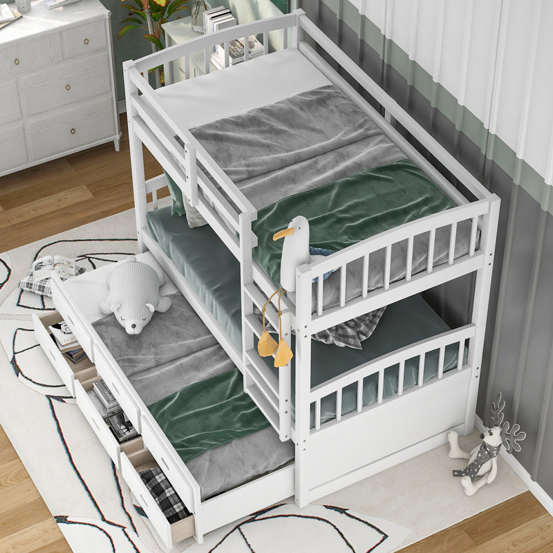 Twin Over Twin Wood Bunk Bed with Trundle, 3 Drawers & Stairs, Solid Wood Frame, White Finish