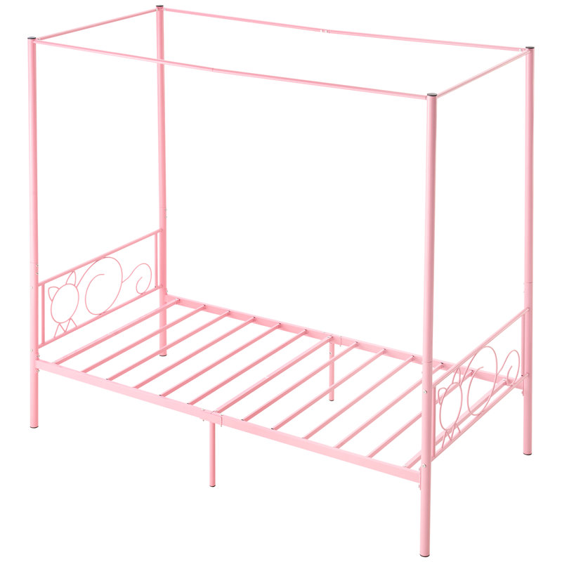 Cadre de lit à baldaquin simple en acier rose, tête de lit, conception à quatre colonnes, 12,4 po pour rangement, lattes, lit en métal facile à assembler, affiches, espace de rangement, structure renforcée, joints antibruit, installation rapide