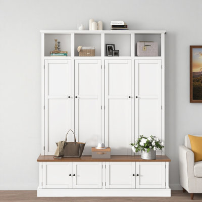Farmhouse Hall Tree With Bench, Coat Rack, Open Compartments, 4 Cabinets And Enclosed Storage Spaces