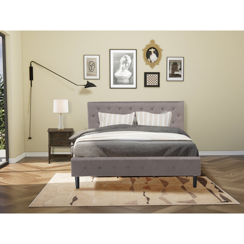 Ensemble de chambre à coucher 2 pièces - Lit capitonné moderne - Tête de lit tapissier en velours taupe brun et table de chevet à finition jacobine
