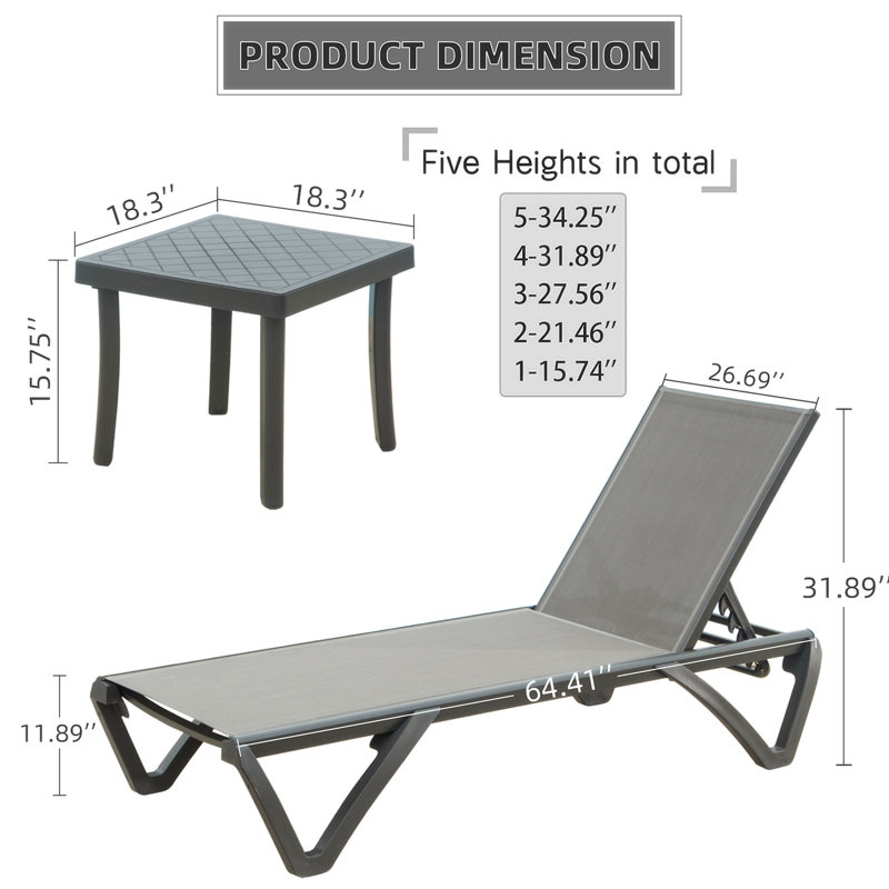 Travette Outdoor Chaise Lounge Set with Table, Gray
