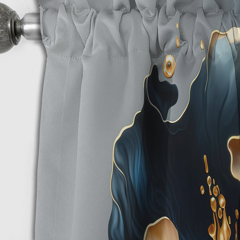 Rideau occultant floral bleu foncé et doré fleur simple II, L 52 po x L 90 po