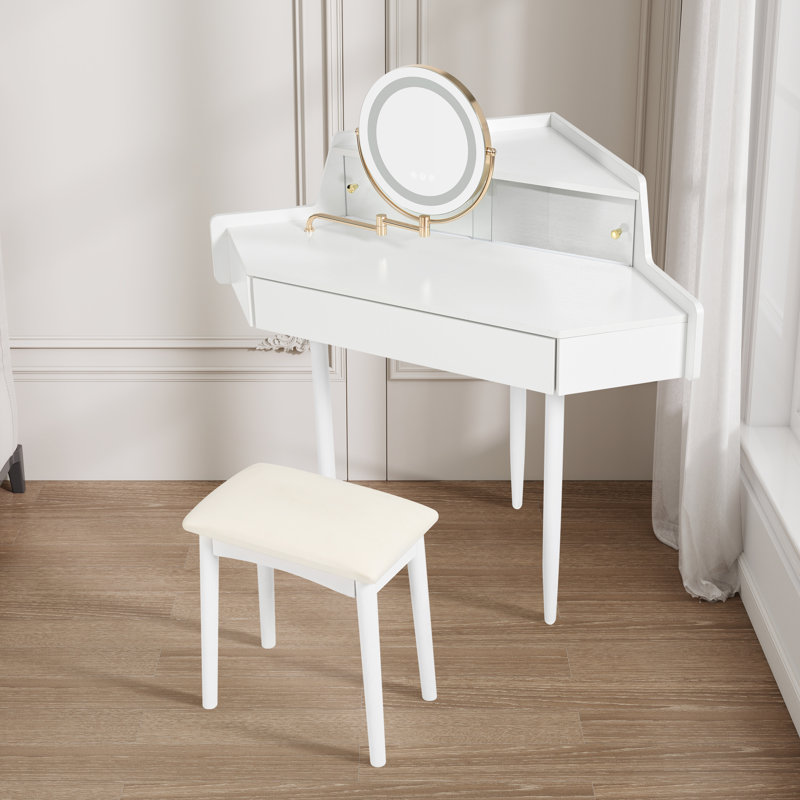 Modern Corner Makeup Vanity Table With Mirror And Stool