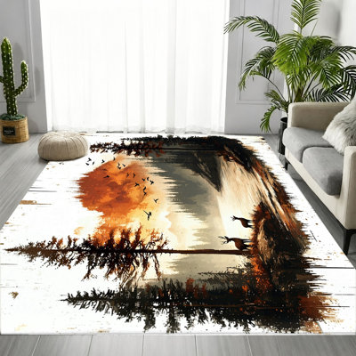 Tapis à motif d'oiseaux de cerfs, aquarelle, motif de nature paisible, motif antidérapant facile à nettoyer et lavable à la machine, décoration intérieure élégante pour le salon, la chambre à coucher, le vestibule, la cuisine et le balcon