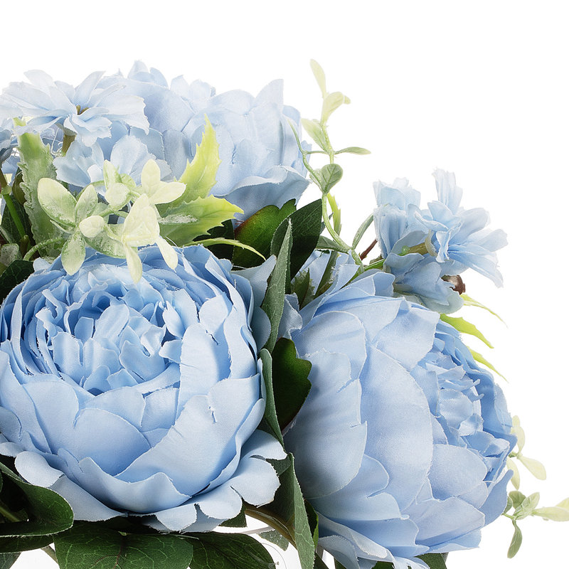 Mixed Artificial Peony Flower Arrangement In Glass Vase With Faux Water (blue), Blue