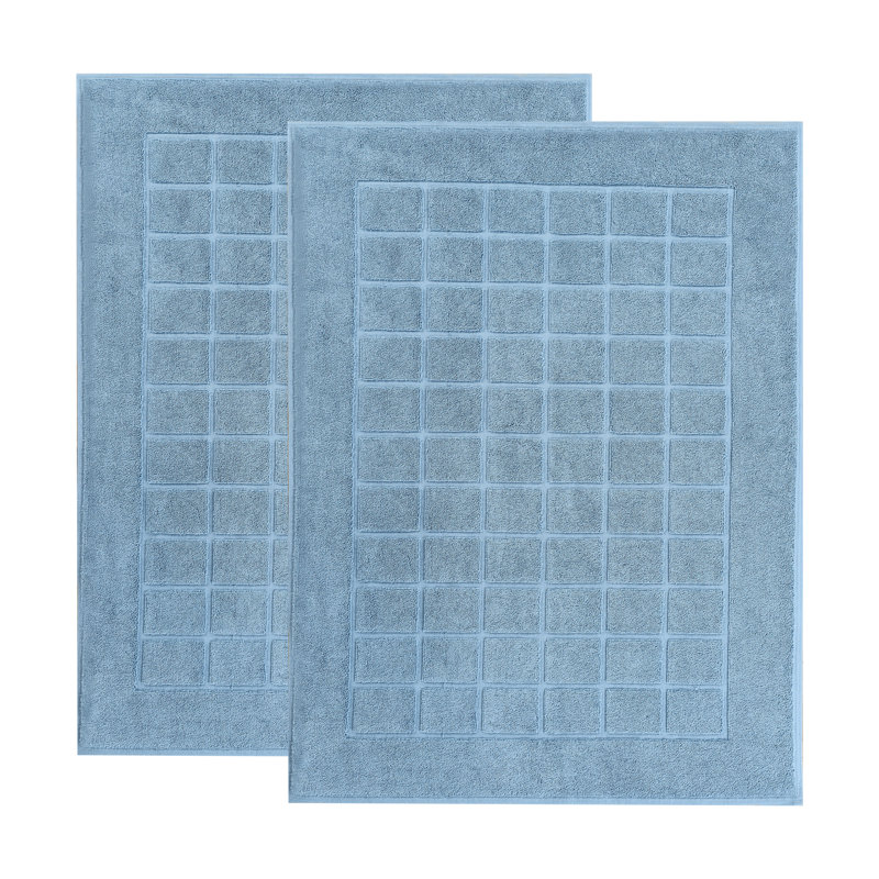 Nora Cotton Terry Solid Absorbent Thick Checkered Washable 2 Piece Bath Mat Set, Denim Blue