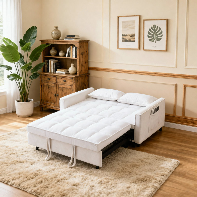 Canapé-lit en velours beige de 55 pouces, élégant et pratique, avec poches de rangement, interprétant intelligemment la conversion trois-en-un