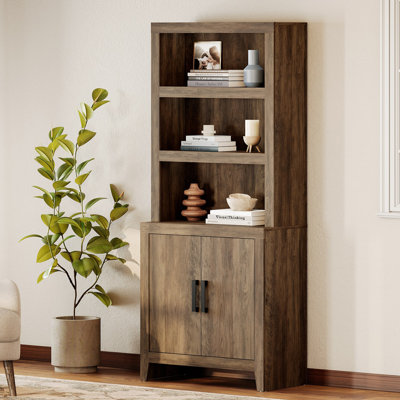 74" Tall Bookshelf With Door, Farmhouse Bookcase With Adjustable Shelf And Storage Cabinet, Library Wooden Bookshelf For Living Room, Office, Brown