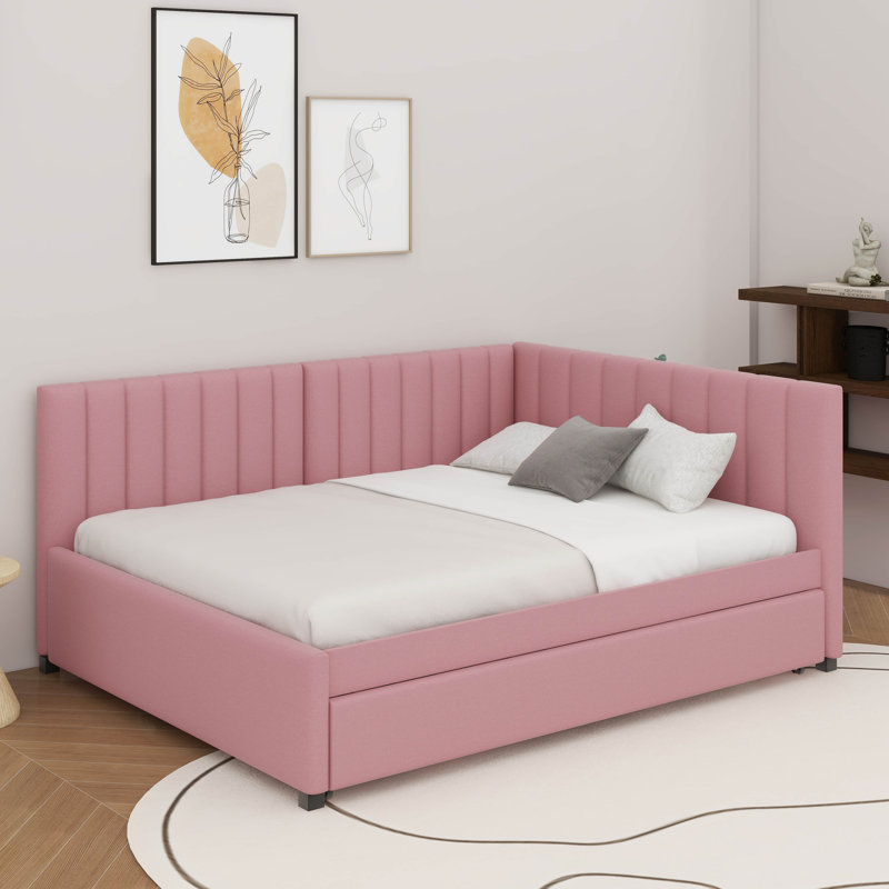Full Size Upholstered Daybed With Trundle, Pink