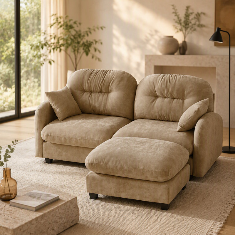 Canapé modulaire en L avec repose-pieds Cloud, revêtement en chenille douce, dossier rembourré capitonné, mousse haute densité pour espaces polyvalents