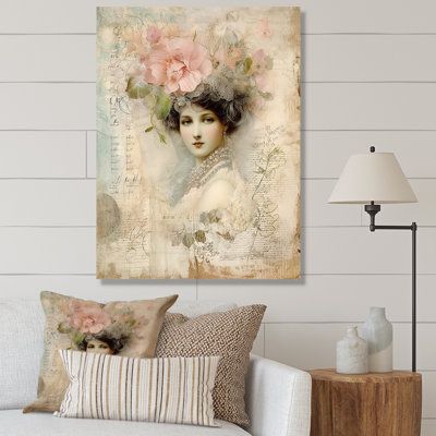 Victorian Lady Pink Roses Rustic Vintage On Canvas Print