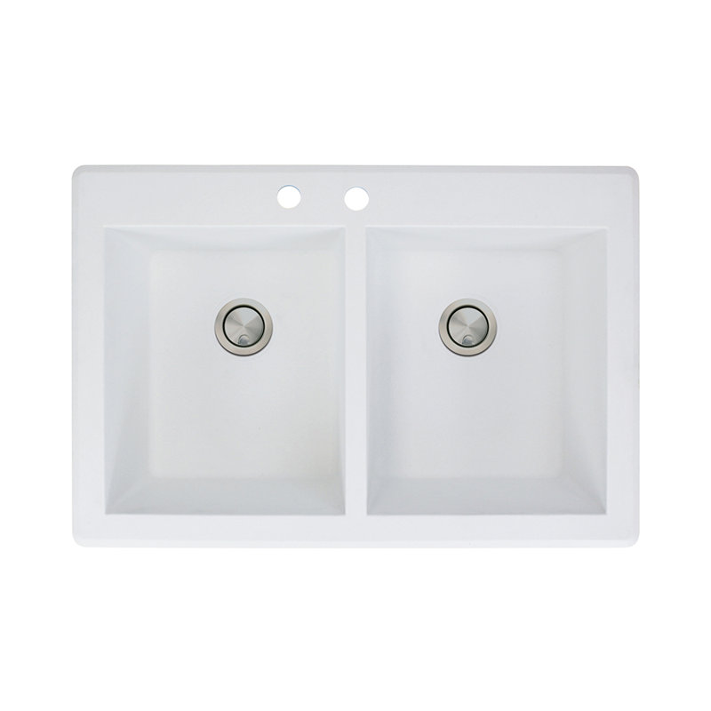Radius 33.0625'' L Drop-In Double Bowl Granite Kitchen Sink, Black, 2 hole