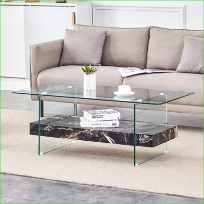 Table basse moderne à deux niveaux de 43,3 pouces - verre transparent et marbre noir, facile à nettoyer et peu encombrante pour les salons