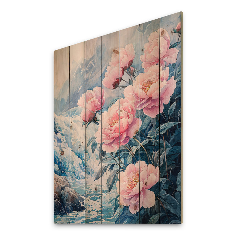 Winter Peonies And The Glacier River I - Peonies Wood Wall Decor - On Natural Pine Wood, 20" H x 10" W x 0.78" D
