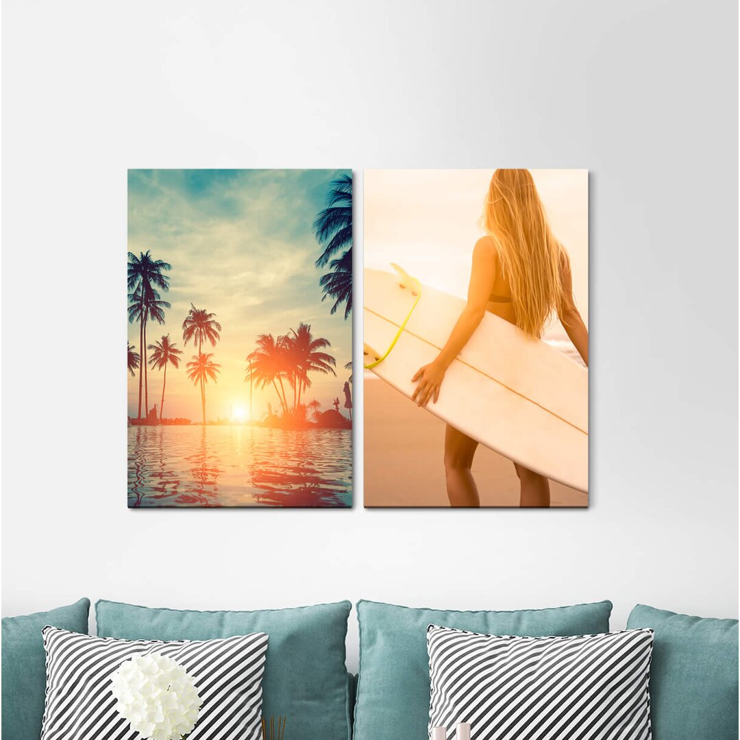 2-tlg. Leinwandbilder-Set - Fotografie „Miami Palm Trees Surfing Holiday Paradise Boy Surfboard”