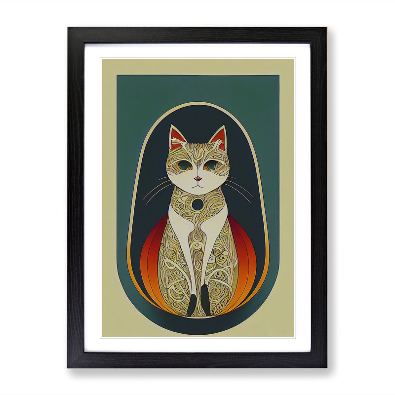 Cat In Art Nouveau No.5 - Single Picture Frame Print, 46cm H x 34cm W x 2cm D, Black