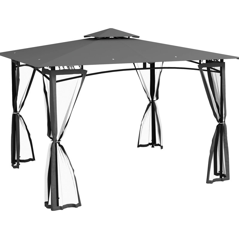 Pavillon de jardin avec filet, 10 pi x 12 pi, auvent à double toit pour jardin, pelouse, cour, terrasse, métal, grillage gris foncé