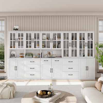 71" H X 126" W Kitchen Pantry With Bookcases, Glass Door Kitchen Hutch With Drawer And Spacious Countertops(ABCDE) by Hokku Designs