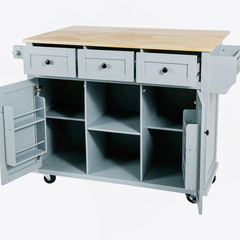 Kitchen Cart With Rubber Wood Drop-Leaf Countertop, Cabinet Door Internal Storage Racks, Blue