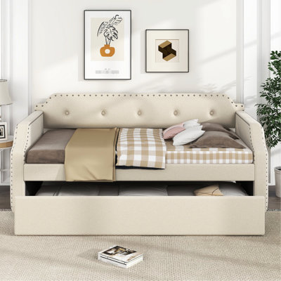 Twin Size Upholstered Daybed Trundle, Beige Foam Padding Cover With Beige, For Small Bedroom Furniture