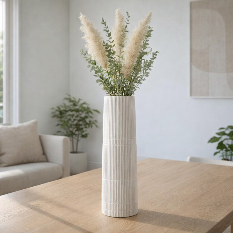 Rachael Modern Neutral Ceramic Vase, White, 18" H x 6" W x 6" D